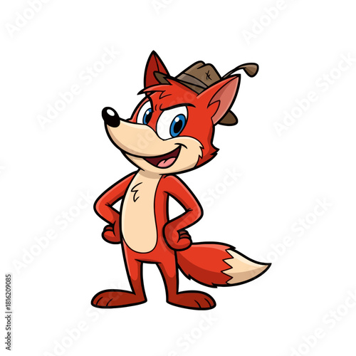 A cheerful cartoon red fox character wearing a brown fedora hat, standing with hands on hips and a confident smile.
