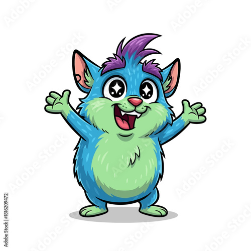 A cute, happy blue and green cartoon monster with big starry eyes and open arms, expressing joy.