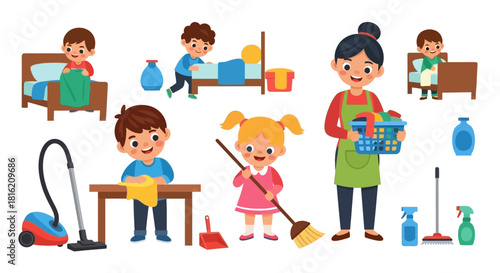Children helping with household chores like cleaning, tidying, and laundry