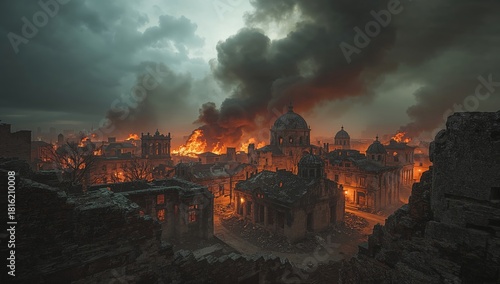 Dramatic urban destruction with burning historic buildings and thick smoke under stormy skies in wartorn cityscape