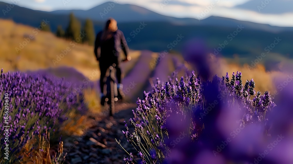 Naklejka premium Cyclist riding mountain bike through blooming lavender fields with scenic mountain landscape in background during golden hour.