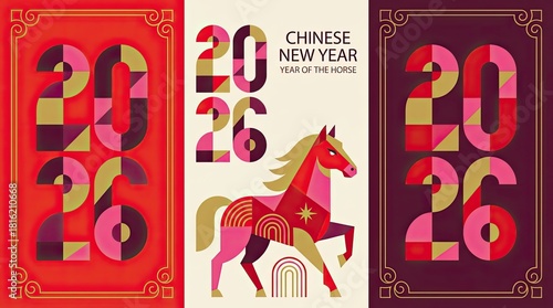 Chinese New Year 2026 Horse Zodiac Geometric Celebration Design