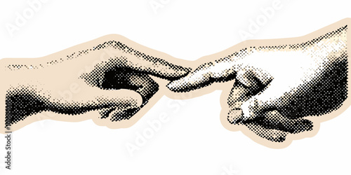Halftone illustration of two fingers touching in a symbolic connection