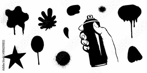 Hand holding spray paint can with splatters and shapes illustration
