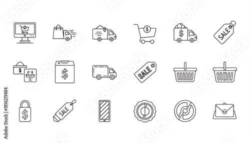 E-commerce Outline Icon Set – Online Shopping, Payment & Delivery Vector Illustration