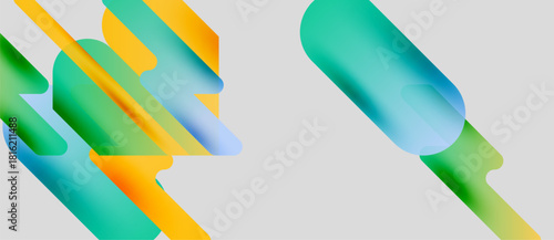 Abstract shapes overlap, creating vibrant gradients. Yellow, turquoise, blue blend smoothly on light gray background. Modern design.