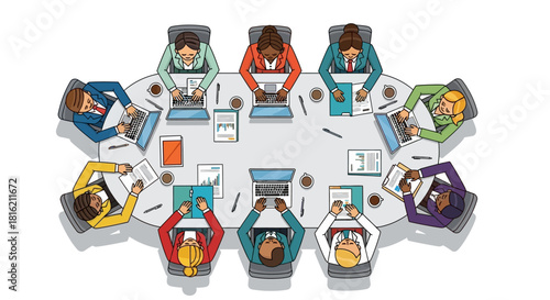 Diverse Team Collaboration Illustration of a Group Meeting Around a Table