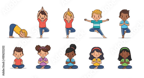 Joyful Children's Yoga Class Illustration Featuring Diverse Kids Engaging in Various Poses, Promoting Balance, Wellness, and Mindfulness