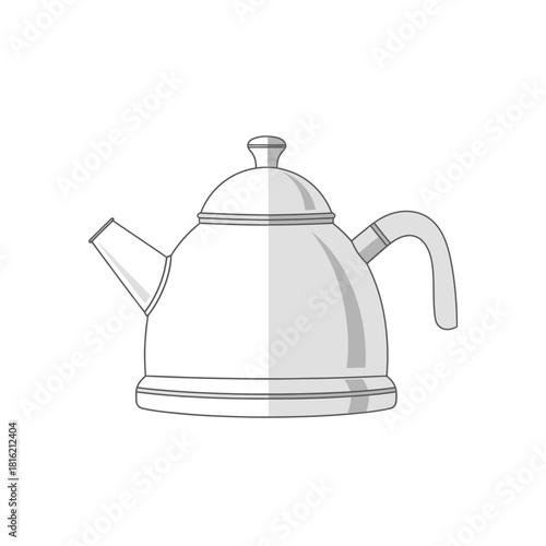 Sleek silver teapot illustration with elegant curves and delicate detailing on a white backdrop