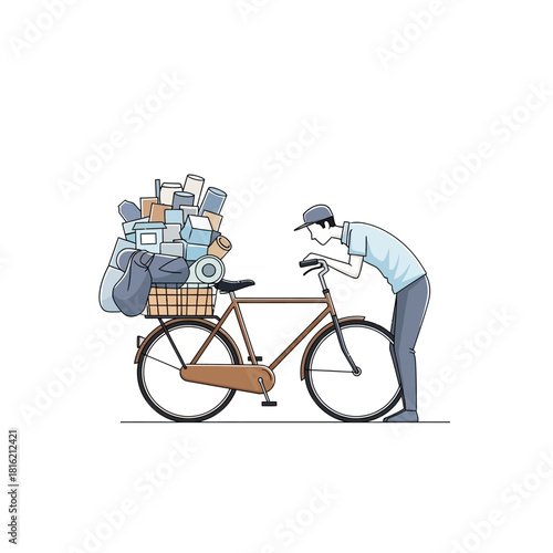 Man leans on a laden bicycle with assorted items, illustrating burden and daily routine