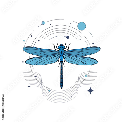 Elegant azure dragonfly surrounded by celestial motifs in a refined illustration style