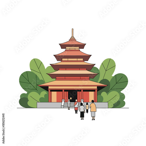 Illustrative depiction of a japanese pagoda architectural structure with surrounding vegetation
