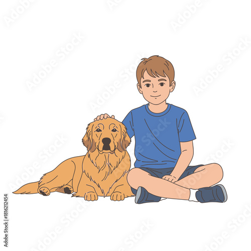 A heartwarming depiction of a young boy sharing a gentle moment with his golden retriever