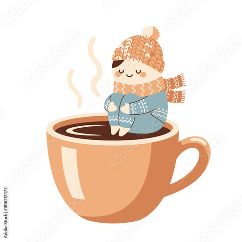 Whimsical winter warmth: Cartoon character embraces comfort atop a steaming mug of cocoa