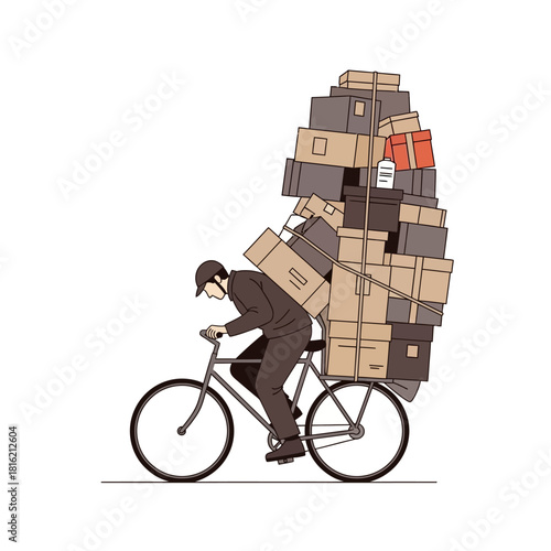 The challenges of delivery a stylized illustration of a man carrying a pile of boxes on a bike
