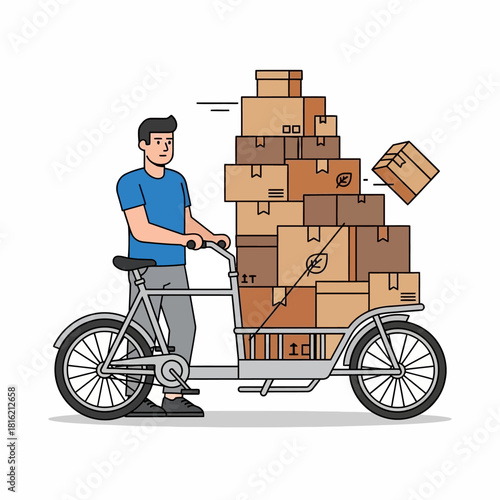 Illustration of a man on a cargo bike carrying a large stack of delivery boxes for distribution
