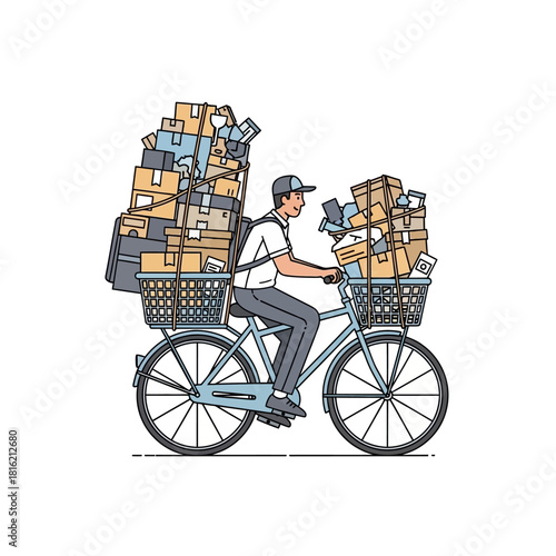 Animated delivery courier struggling with oversized package loads on bicycle transport