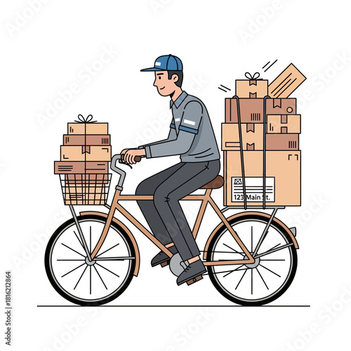 Delivery rider transporting multiple packages by bicycle providing efficient transportation services