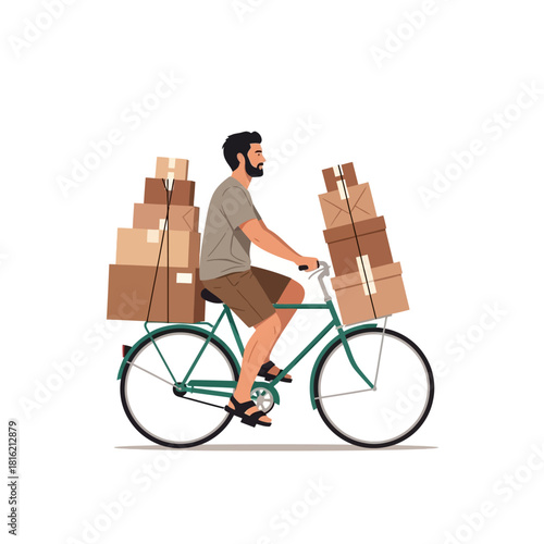 Man on bicycle carrying stack of boxes depicts urban delivery and transportation challenges