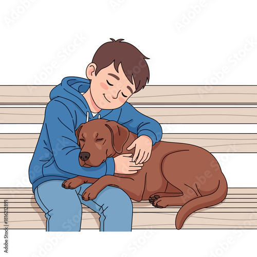 A Boy's Affectionate Moment Cradling His Loyal Dog on a Wooden Bench in Serene Comfort