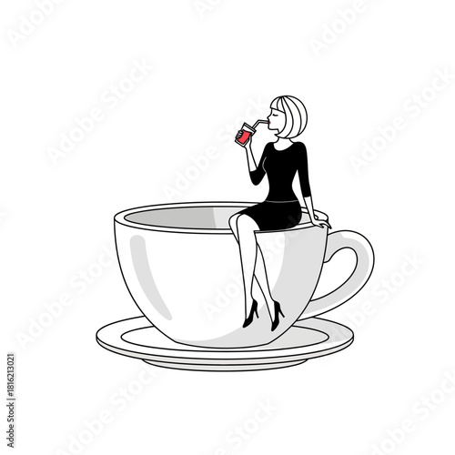 A minimalist illustration of a woman enjoying beverage while resting on a huge teacup whimsical