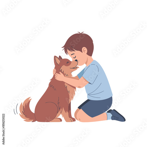 Cartoon boy embracing dog conveys the special bond between a child and his pet companionship