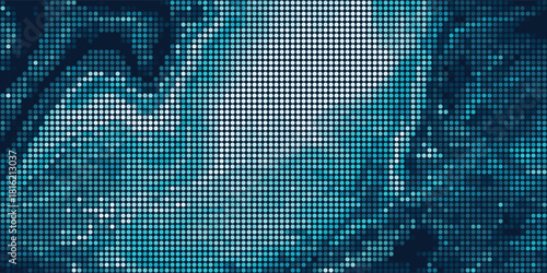 Abstract background featuring bright blue and cyan tones, rendered in a striking halftone dot grid. Visualizes digital light, water reflections, or data flow, ideal for technology.