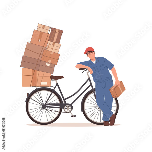 Bicycle delivery worker with stacked packages, efficient urban transport illustration