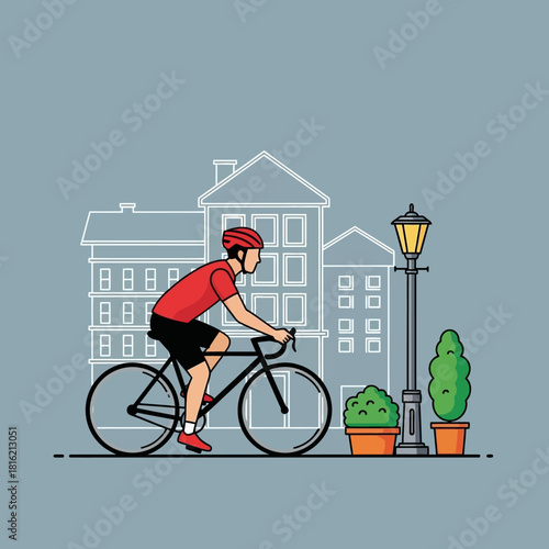 City cyclist on a sunny street illustration pedaling past buildings and greenery in an urban setting