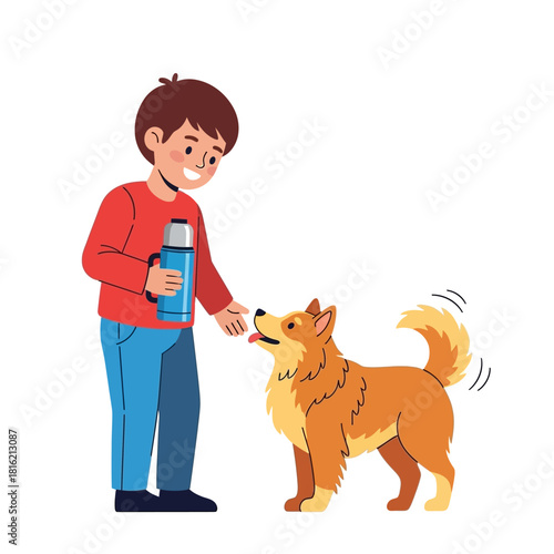 Boy Sharing a Drink with His Happy Dog: A Moment of Friendship and Playful Companionship
