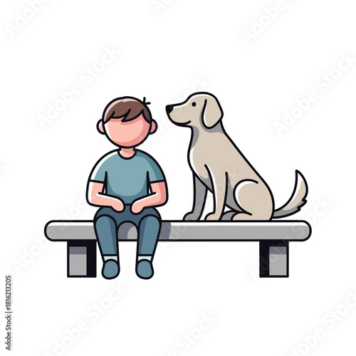 Illustration depicting a boy and a dog companion sitting together on a bench outdoors sharing a