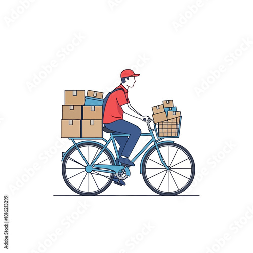 Delivery service person with bicycle transporting cardboard box packages efficiently and safely