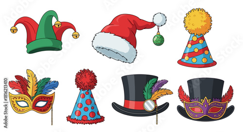 Collection of festive hats and masks for celebrations and parties