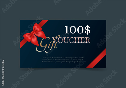 A gift voucher template with a realistic red ribbon.  Design an invitation, certificate, gift coupon, ticket or voucher. Vector illustration.