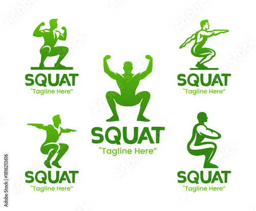 5 Squat Logo Set Strength Legs Fitness Gym Icon Collection