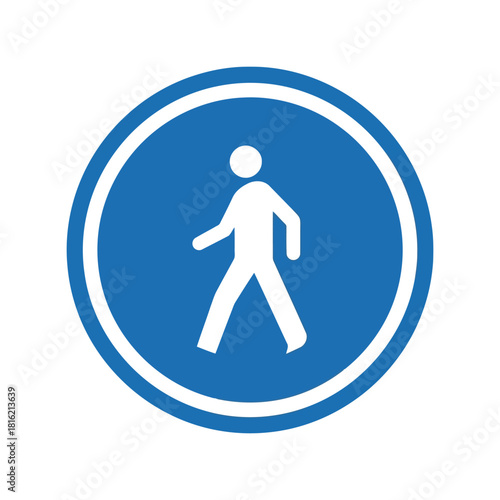 Mandatory pedestrian walkway sign icon   blue circle walking person safety symbol Vector, illustration