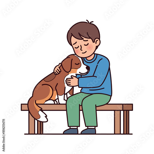 A boy's affectionate embrace with his devoted dog on a simple wooden bench scene