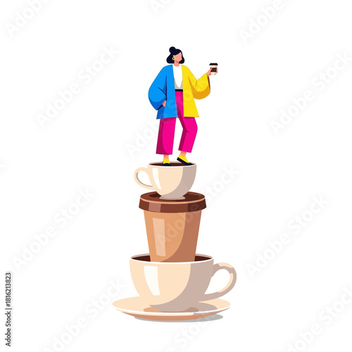 Woman Balancing Atop Stacked Coffee Cups Celebrating Caffeine Dependency and Enjoyment