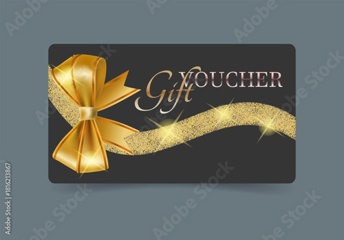A gift voucher template with a gold realistic ribbon. Design an invitation, certificate, gift coupon, ticket or voucher. Vector illustration.