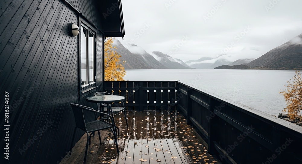 Obraz premium View from a modern black wooden house terrace with a wet floor and fallen leaves, looking out over a tranquil fjord and misty mountains on a cloudy autumn day