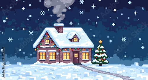 Cozy pixel art cottage adorned with Christmas lights and a decorated tree under a snowy winter sky