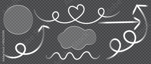 White Arrows and Shapes Circle, Cloud, Heart, Curly Lines on Transparent Background