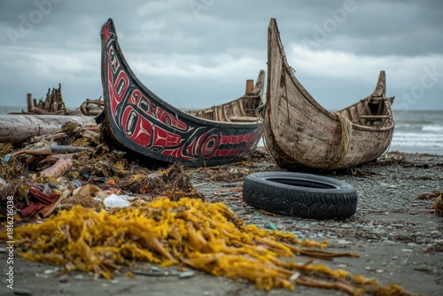 Old boats and marine debris litter a coastal beach under an overcast sky