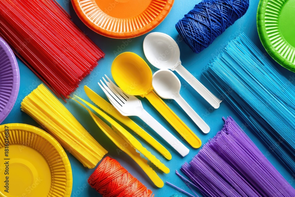 Obraz premium Overhead view of colorful plastic plates, utensils, straws, and spools on blue background