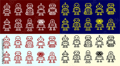 Set of robot line art icons with retro style. Collection of vector outline bot characters and mascots, robot avatars.