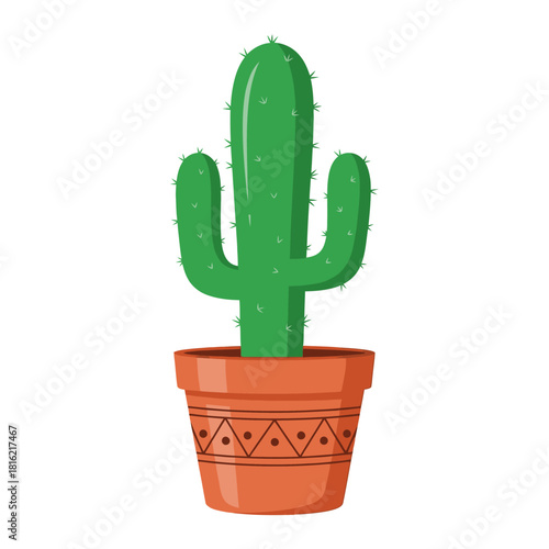 Stylized cartoon cactus illustration in decorative clay pot against white background scene