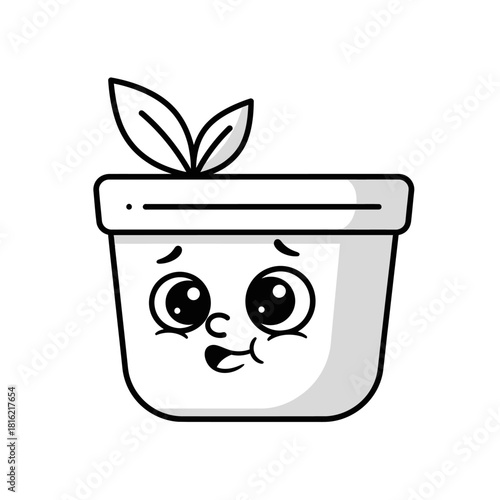 Expressive potted plant character illustration with emotive face and simple outlined design for