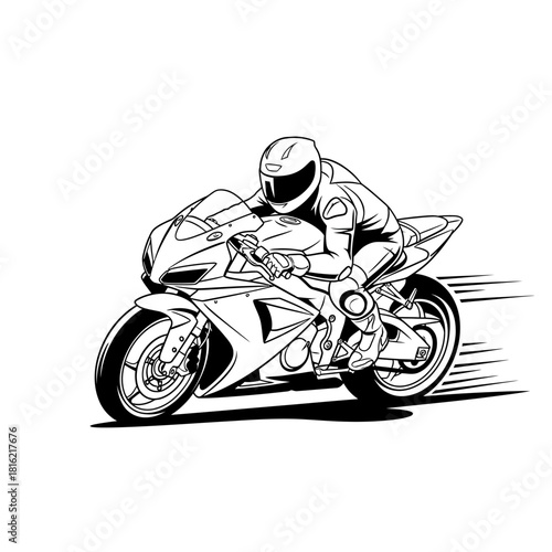 Dynamic monochrome illustration of a motorbike racer accelerating with speed effect