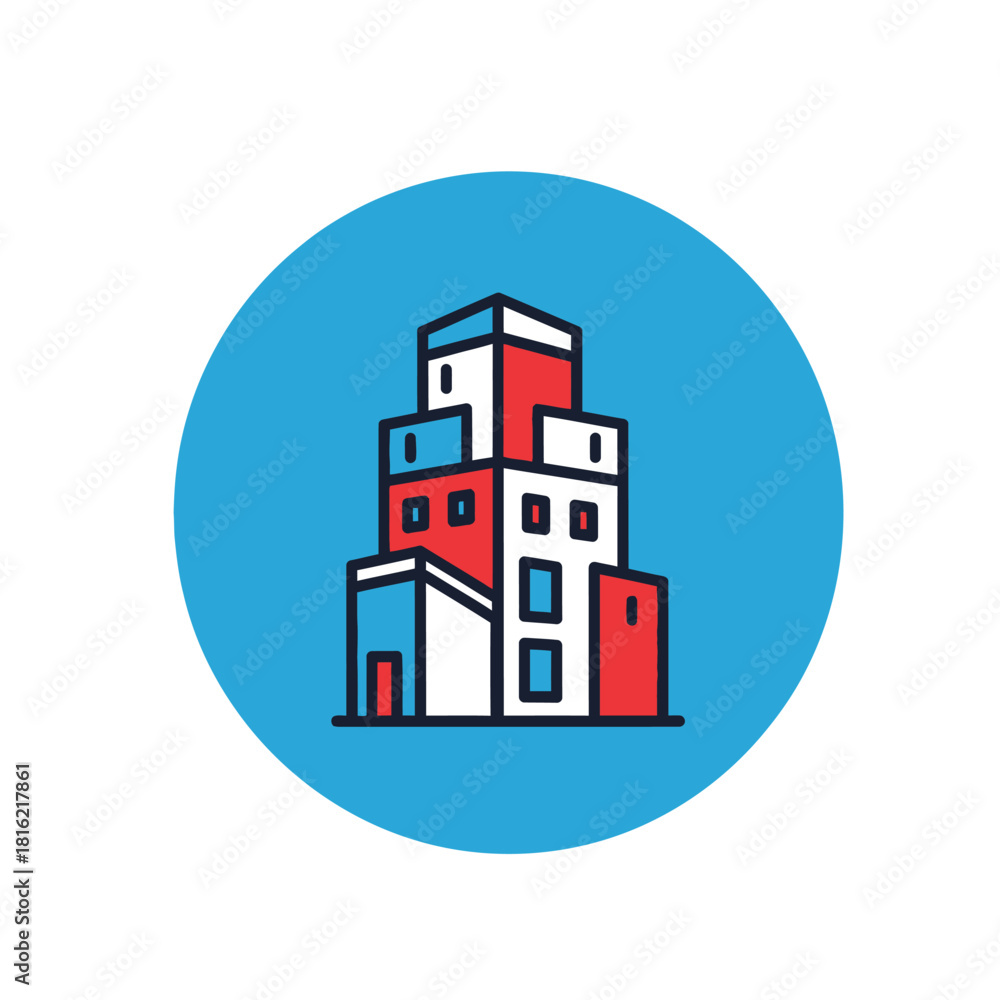 Fototapeta premium Stacked urban structure icon with bold outline and vibrant color palette design