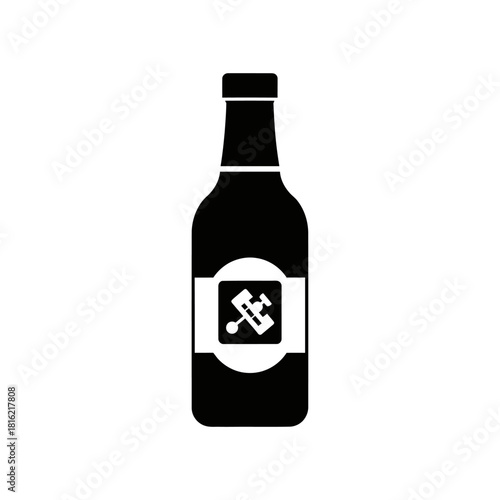 Elegant black and white illustration of a vintage beer bottle with label design showcasing